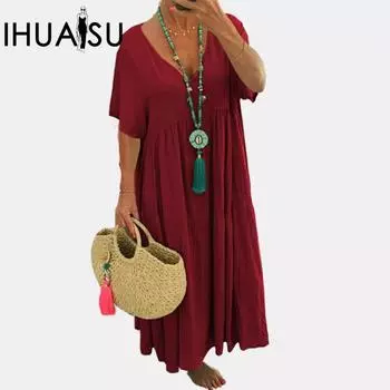 IHUASU Весна и лето Женские платья с V-образным вырезом, нестандартной длины, с широкими складками S оранжевый