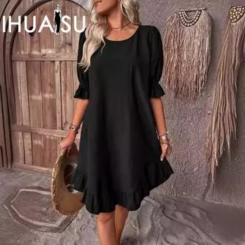 IHUASU Весна и лето Женское ретро-платье из хлопка и льна со средним рукавом и круглым вырезом, однотонное, со свободным подолом S чёрный