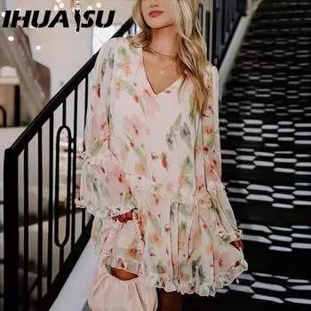 IHUASU Весна-лето Милое деревянное ушное полотно с двухслойным V-образным вырезом и принтом Свободное мини-платье для женщин S