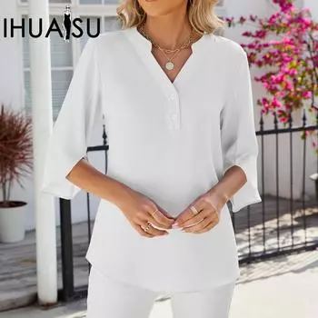 IHUASU Весна/Лето, однотонная свободная шифоновая блузка с V-образным вырезом на пуговицах и средними рукавами S чёрный
