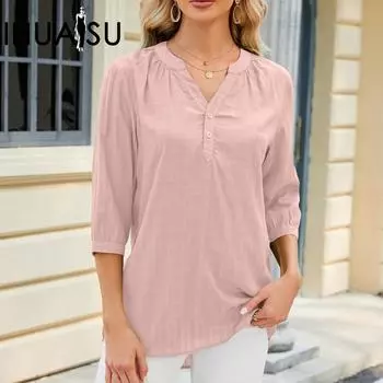 IHUASU Весна/лето, однотонный свободный комплект с v-образным вырезом и пуговицами, шифоновая блузка для женщин S чёрный