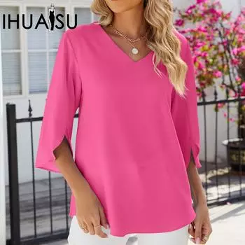IHUASU Весна/лето однотонный свободный шифоновый топ с V-образным вырезом и рукавами средней длины S чёрный