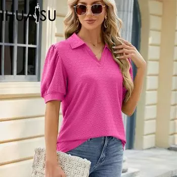 IHUASU Весна/Лето однотонный женский топ с v-образным вырезом и короткими рукавами S чёрный