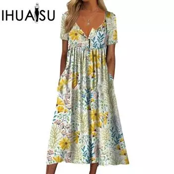 IHUASU весна-лето популярные принтованные платья с V-образным вырезом и пуговицами с коротким рукавом женские длинные платья с карманами S синий