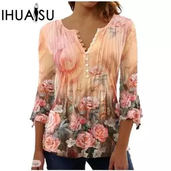 IHUASU Весна/лето женская футболка с цветочным принтом, V-образным вырезом, коротким рукавом, плиссированная, на пуговицах, нижняя часть рубашки S белый
