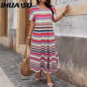 IHUASU Весна Лето Женская Мода Принт Под Разрезом Плюс Размер Женщин Платье Женщины XL розовый