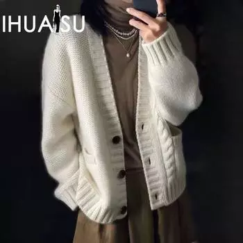 IHUASU Вязаный кардиган женский осенне-зимний утолщенный короткий свободный джемпер S белый