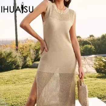 IHUASU весенне-летнее пляжное праздничное длинное платье модный халат однотонный женский трикотаж с короткими рукавами S чёрный