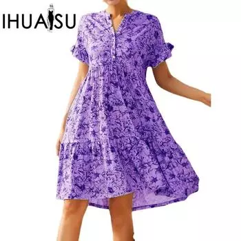 IHUASU весенне-летнее повседневное платье с v-образным вырезом на пуговицах и короткими рукавами для женщин
