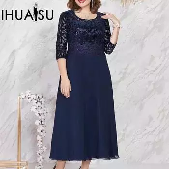 IHUASU весенне-летнее женское платье больших размеров в стиле пэчворк, кружевное шифоновое тонкое платье для пожилых людей L тёмно-синий