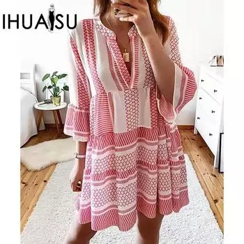 IHUASU весенне-летнее женское платье с геометрическим принтом, яркий топ с v-образным вырезом S красный