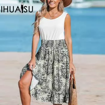 IHUASU весенне-летнее женское платье средней длины без рукавов с круглым вырезом и принтом S