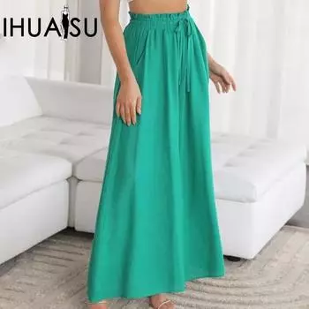 IHUASU/весенне-летние женские широкие брюки с эластичным поясом, широкие брюки с высокой талией, длинные женские брюки-кюлоты