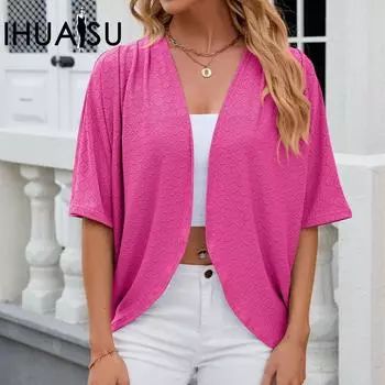 IHUASU весенне-летний однотонный кардиган, пальто с рукавами пять четвертей, топ с рюшами для женщин