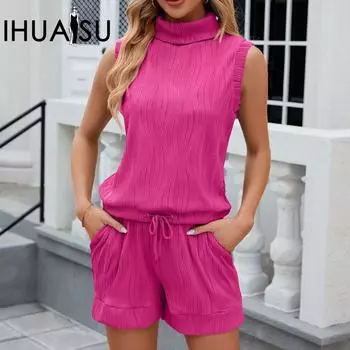 IHUASU весенне-летний однотонный жилет без рукавов с высоким воротом и шорты повседневный женский костюм S чёрный