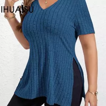IHUASU весенне-летняя модная однотонная женская футболка с v-образным вырезом и короткими рукавами, пуловер с разрезами S чёрный