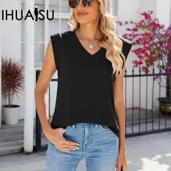 IHUASU весенне-летняя однотонная свободная майка без рукавов с v-образным вырезом для женщин S чёрный