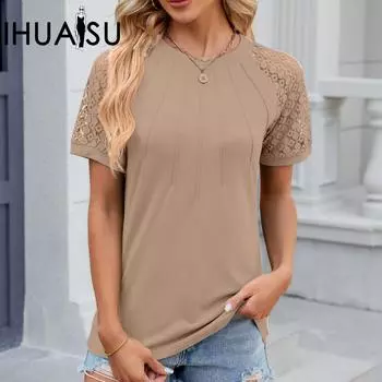 IHUASU весенне-летняя однотонная женская футболка с круглым вырезом и короткими рукавами, кружевная строчка S чёрный