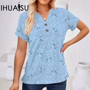 IHUASU весенне-летняя женская модная повседневная футболка с v-образным вырезом и пуговицами для женщин S белый
