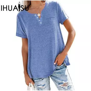 IHUASU весенне-летняя женская свободная футболка с v-образным вырезом и короткими рукавами и карманами S чёрный