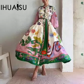 IHUASU весенне-осеннее винтажное свободное платье во французском придворном стиле с плиссировкой и принтом большого размера с длинными рукавами S