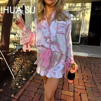 IHUASU весенне-осенние атласные пижамы из двух комплектов для отдыха, домашняя одежда для женщин S розовый