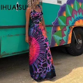 IHUASU весна-лето без рукавов с U-образным вырезом сексуальное женское платье с лямкой на шее и крестом с высокой талией и несколькими принтами S