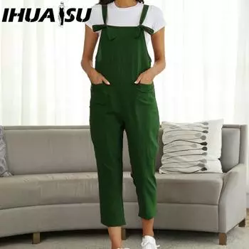 IHUASU весна-лето больших размеров женский литературный хлопок/лен подтяжки повседневные брюки комбинезон S хаки