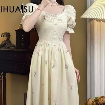 IHUASU весна лето мечта девушки ранняя весна с объемными рукавами ретро французское тонкое милое короткое клетчатое платье детское