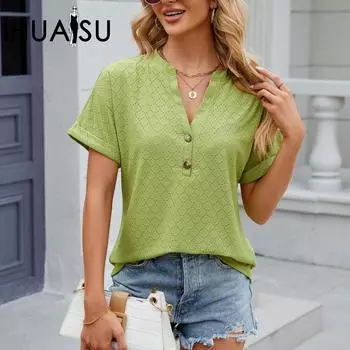 IHUASU весна/лето, однотонная свободная футболка с v-образным вырезом и пуговицами, женский топ с короткими рукавами S чёрный