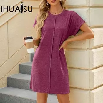 IHUASU весна-лето однотонное свободное повседневное женское платье с круглым вырезом и короткими рукавами S чёрный