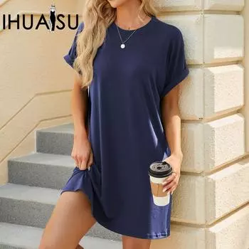 IHUASU весна/лето однотонное женское платье с круглым вырезом, свободными карманами и короткими рукавами S чёрный
