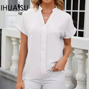 IHUASU весна/лето однотонный женский топ из шифона в стиле пэчворк с v-образным вырезом S чёрный