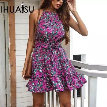 IHUASU весна/лето повседневное платье с рюшами и цветочным принтом праздничное женское платье S красный