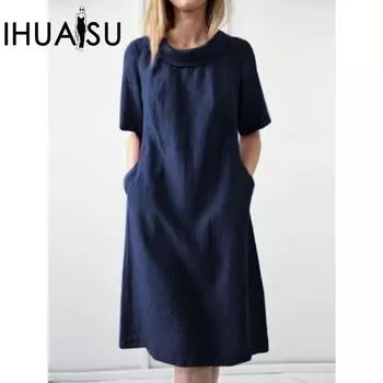 IHUASU весна-лето повседневное свободное однотонное хлопковое льняное платье с короткими рукавами и круглым вырезом для женщин