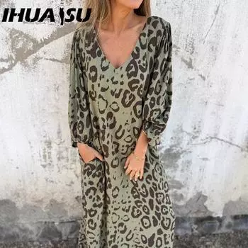 IHUASU весна-лето с длинным рукавом и принтом леопарда с V-образным вырезом свободное платье для женщин S армия зеленый