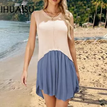 IHUASU весна-лето с круглым вырезом соответствующего цвета свободное платье модная женская трикотажная юбка женская S чёрный