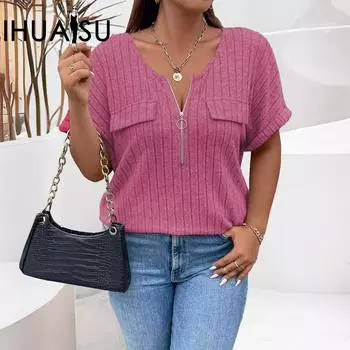 IHUASU весна-лето сплошной цвет плюс размер Топ на молнии с короткими рукавами пуловер с карманами футболка свободная женская одежда 1XL чёрный