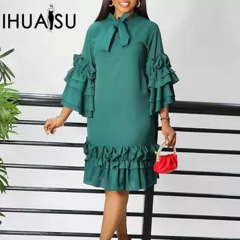 IHUASU весна-лето сплошной цвет с принтом, рукава 3/4, свободное модное повседневное платье больших размеров с рюшами и расклешенными рукавами S зелёный