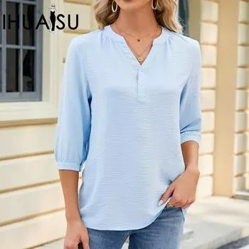 IHUASU весна/лето свободная однотонная шифоновая футболка с v-образным вырезом и пуговицами женский топ S чёрный