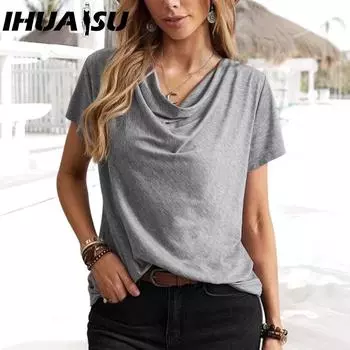 IHUASU весна-лето женская блузка однотонная повседневная мода с коротким рукавом для женщин S серый