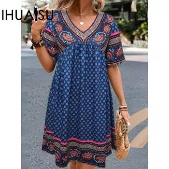 IHUASU весна-лето женское модное повседневное платье с короткими рукавами и принтом в национальном стиле S синий