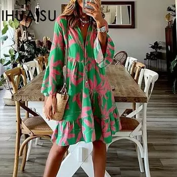 IHUASU весна-лето женское платье с принтом розово-зеленая контрастная праздничная юбка с v-образным вырезом и расклешенными рукавами S зелёный