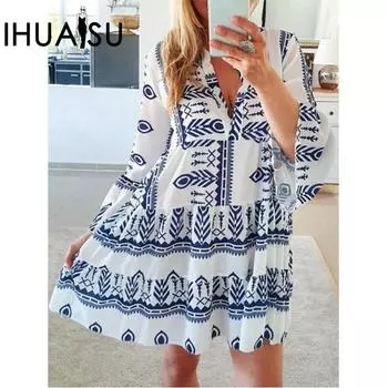 IHUASU весна-лето женское платье с принтом, короткая юбка ярких цветов, разноцветные, разных размеров S