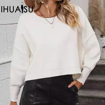 IHUASU Женский осенне-зимний модный вязаный свитер с круглым вырезом, однотонный свободный свитер-пуловер S озеро синий