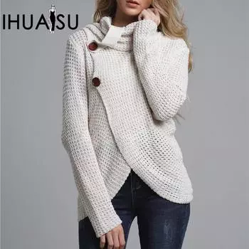 IHUASU женский осенне-зимний модный вязаный свитер для поездок на работу с высоким воротом и длинным рукавом, большой размер, свободный кардиган, свитер S чёрный