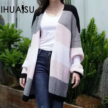 IHUASU Женский осенне-зимний вязаный кардиган средней длины для поездок на работу, свободный полосатый свитер в радугу S чёрный