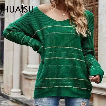 IHUASU Женский свитер свободного кроя с V-образным вырезом и полосатой отделкой на осень и зиму S фиолетовый