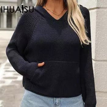 IHUASU Женский осенне-зимний свитер с капюшоном, вязаный свитер с карманом и длинным рукавом, пентаграмма, темперамент, вязаный свитер для поездок на работу S чёрный