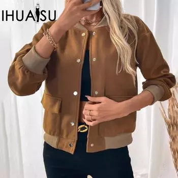 IHUASU Женская осенне-зимняя куртка с воротником-стойкой, кардиган, женское пальто с карманами S коричневый